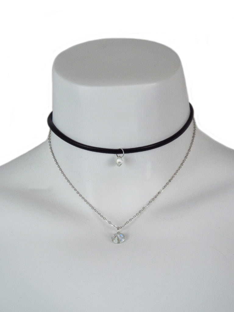 Crystal Choker Necklace with Real Leather and Adjustable Chain