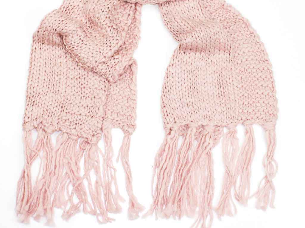 Knitted Scarf with Fringed Ends in Pink 1