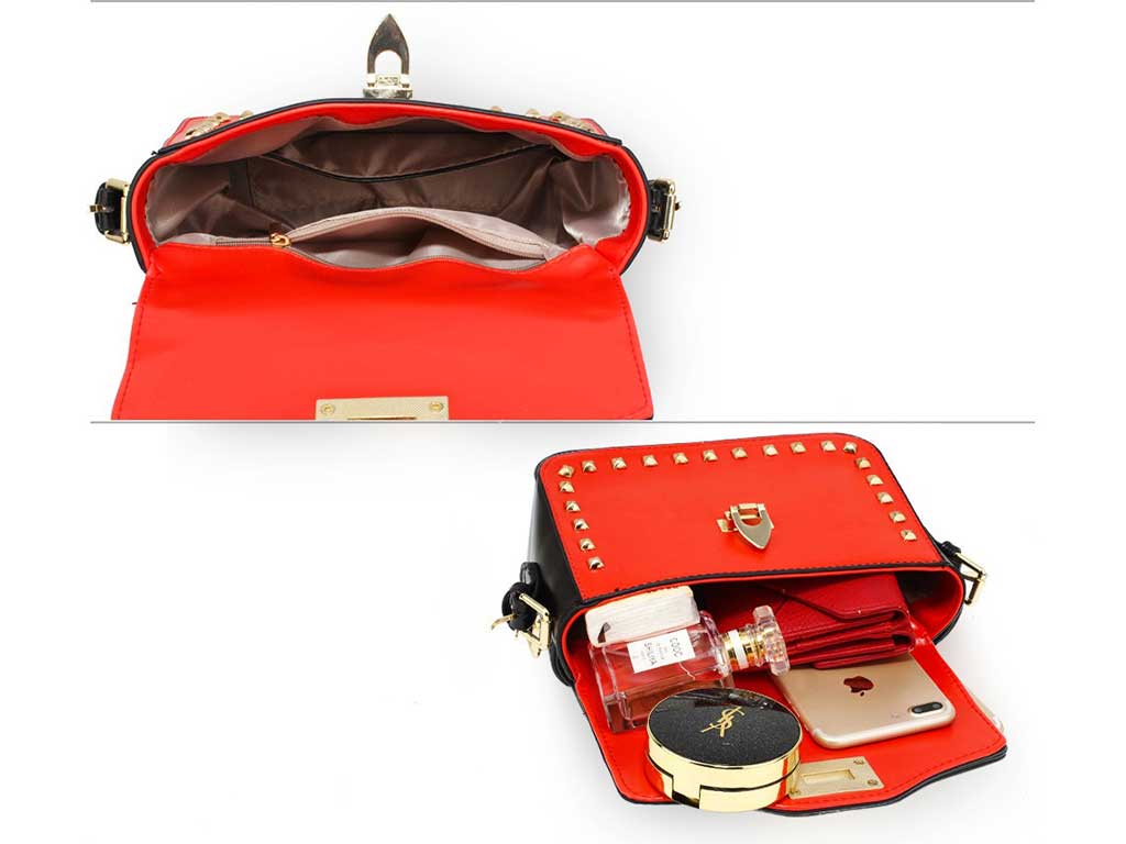 Twist Open Leather Handbag with Gold Metal Work in Red-Black Colour 2