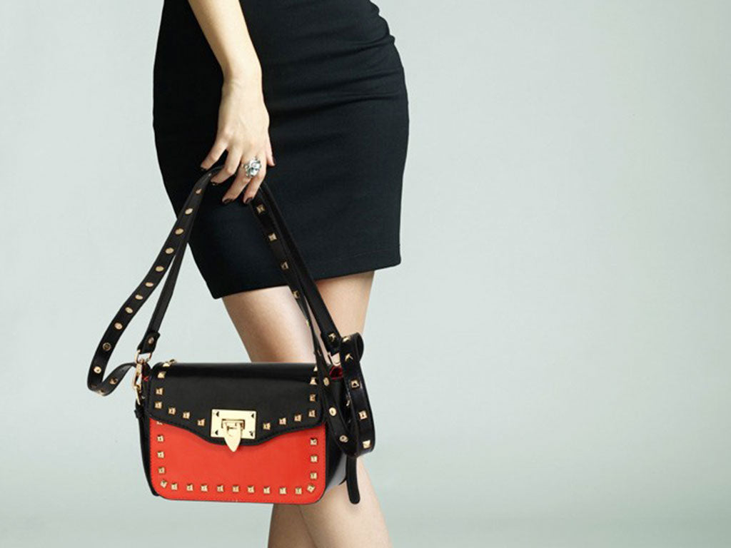 Twist Open Leather Handbag with Gold Metal Work in Red-Black Colour 1