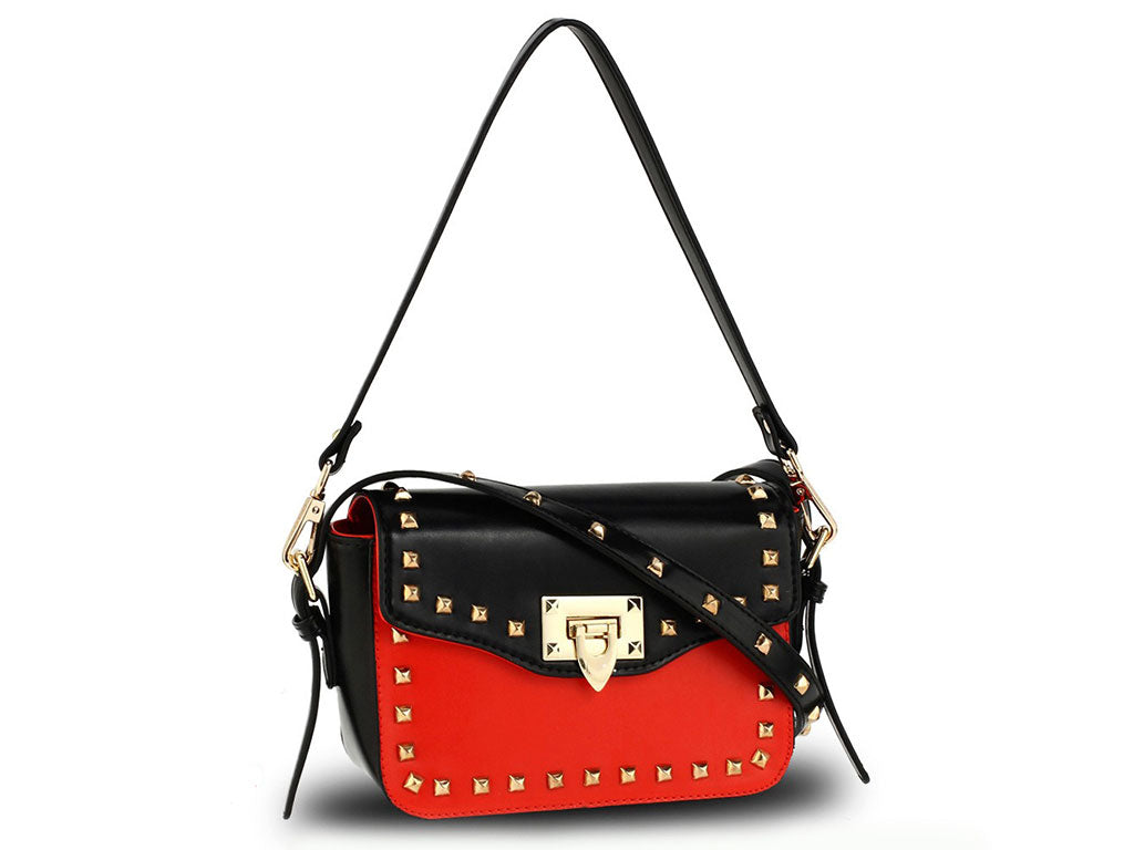 Twist Open Leather Handbag with Gold Metal Work in Red-Black Colour