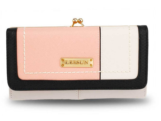 Patchwork Purse with Gold Kiss Opening Metal in White & Pink