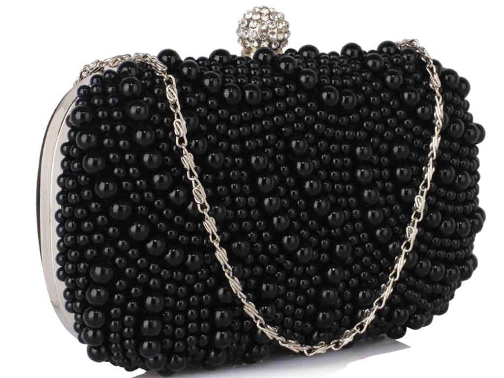 Luxurious Black Pearl Clutch Bag with Rhinestones