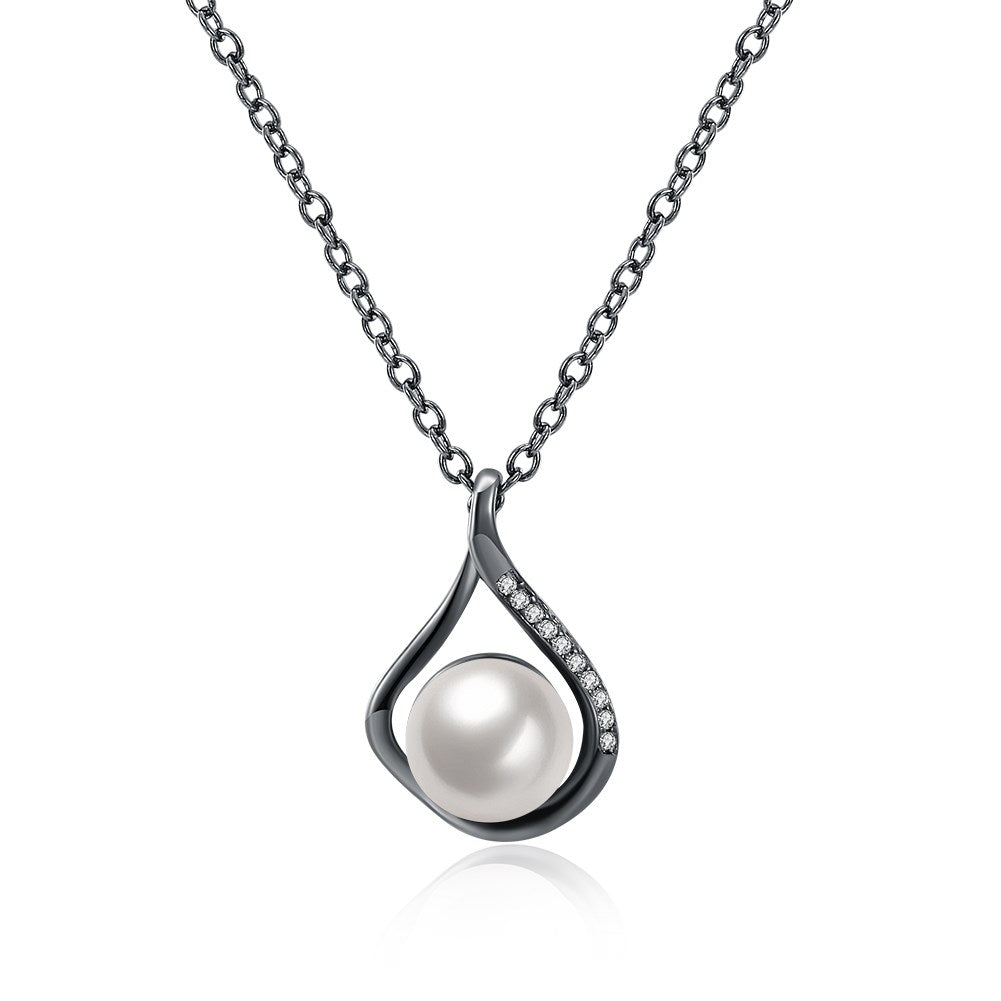 White Pearl Pendant Necklace with Rhinestones