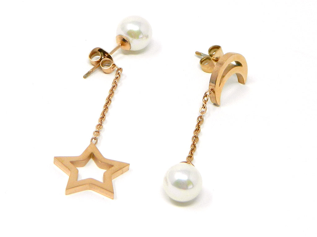 Dropped Rose Gold Plated Earring in Pearl & Moon Shape 2