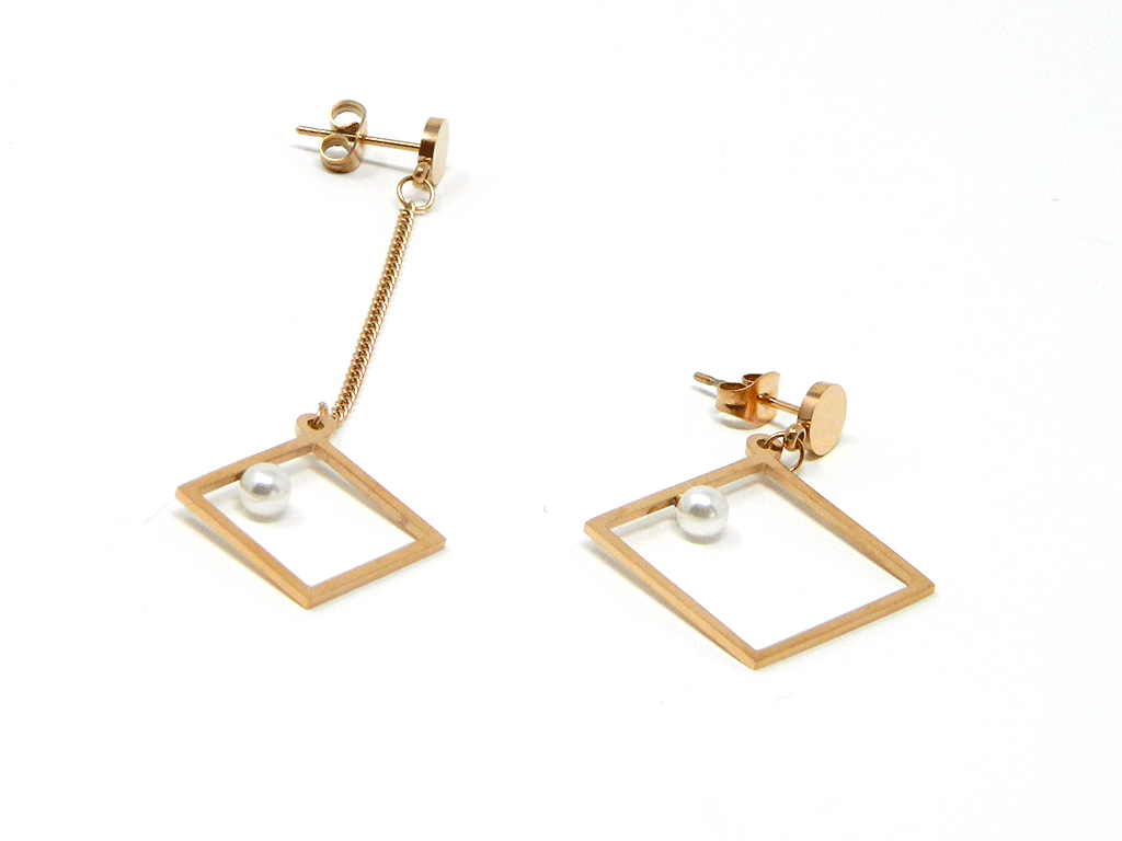 Unsymmetrical Rose Gold Plated Square Earring with Pearls 2