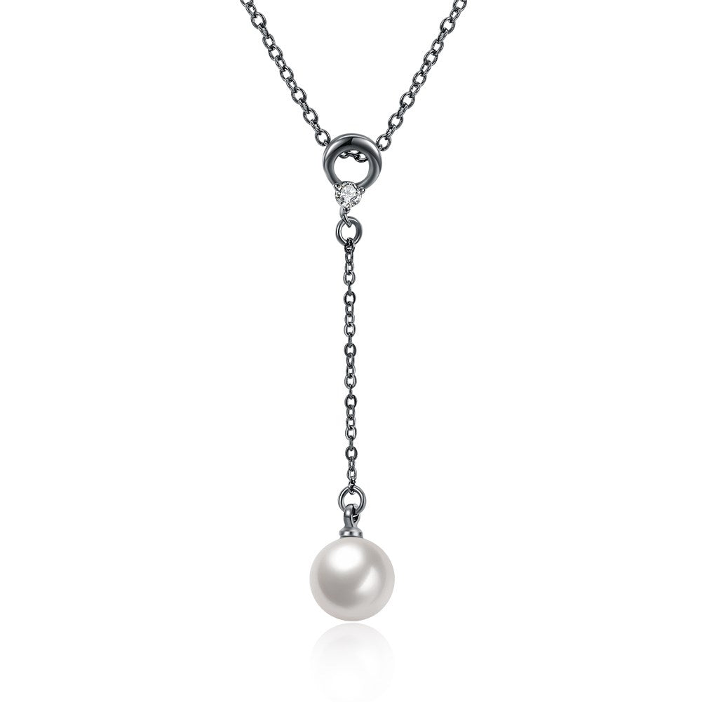 White Pearl Necklace in Y Shape with Cubic Zirconia Crystal in Black Brass