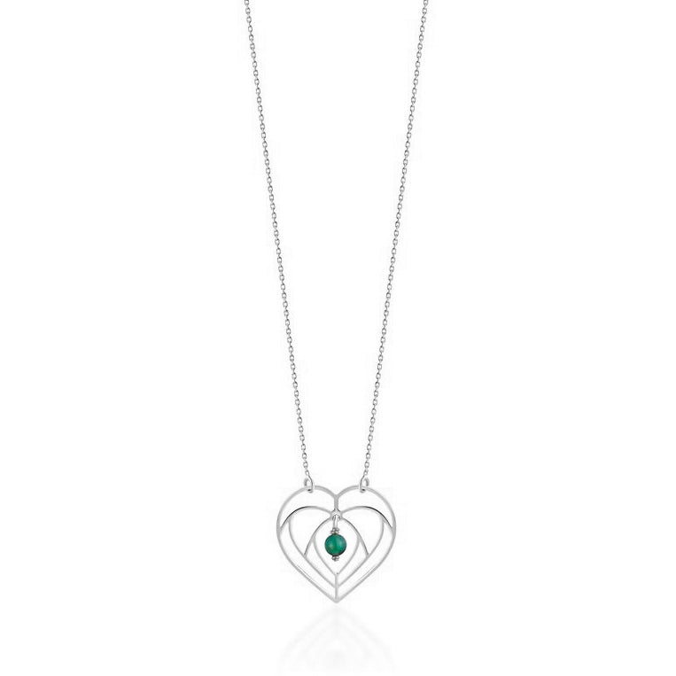 Triple Heart Necklace with Green Bead in Silver Tone