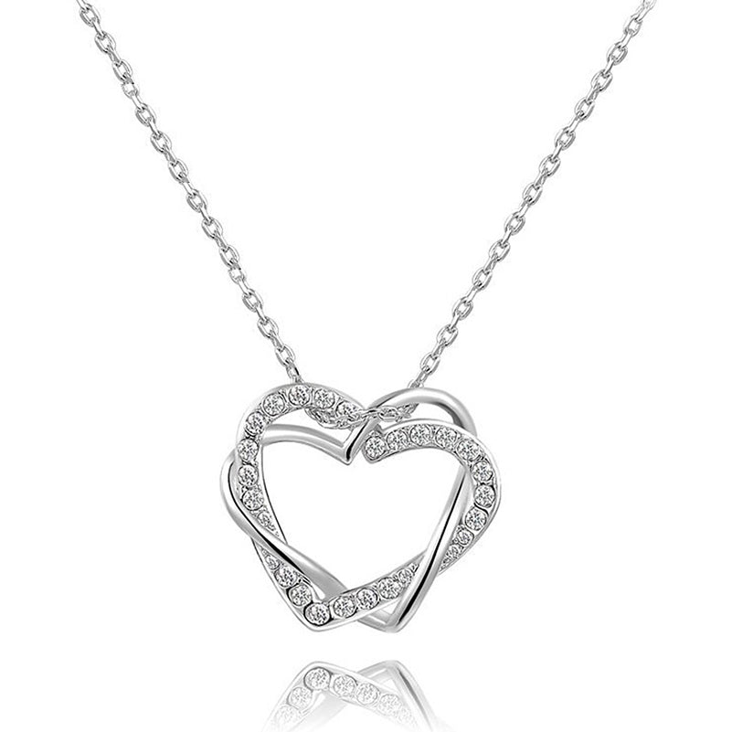 Twin Heart Pendant Necklace in Silver Tone with Austria Crystals