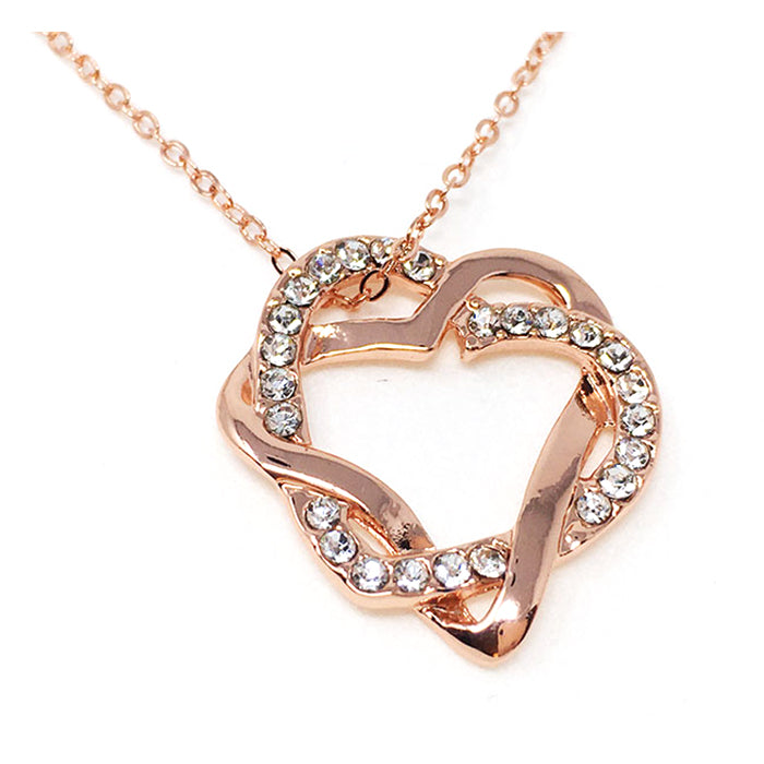Twin Heart Pendant Necklace in Rose Gold Tone with Austria Crystals