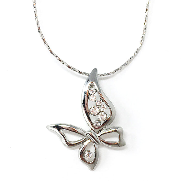 Butterfly Pendant Cubic Zirconia Necklace in Silver Tone