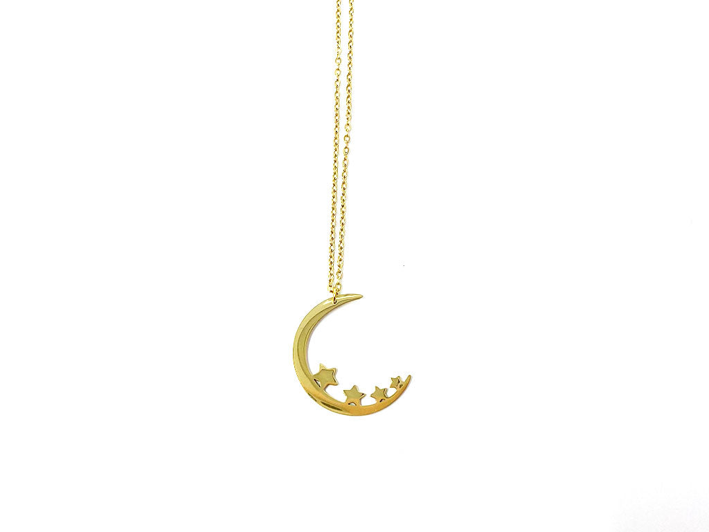 Half-moon Pendant Necklace with Four Little Stars in Plated Gold 1