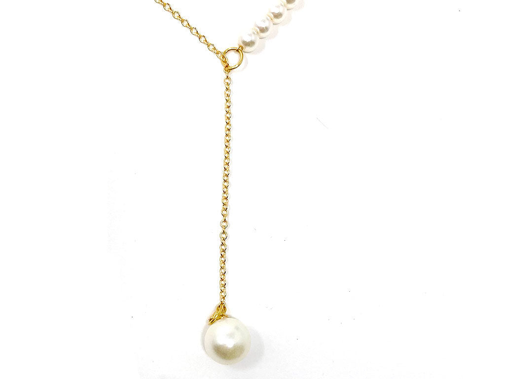 Gold White Pearl Necklace in a Shape of Y