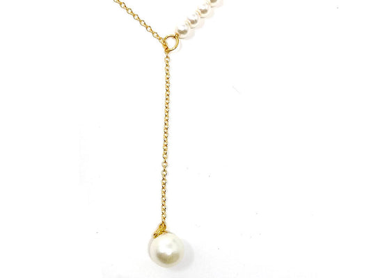 Gold White Pearl Necklace in a Shape of Y