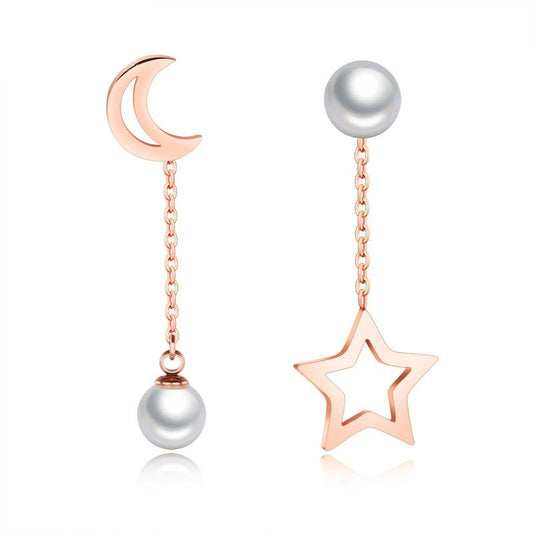 Dropped Rose Gold Plated Earring in Pearl & Moon Shape