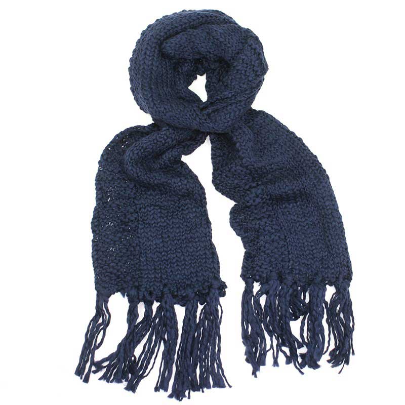 Knitted Scarf with Fringed Ends in Dark Blue