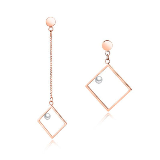 Unsymmetrical Rose Gold Plated Square Earring with Pearls