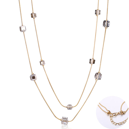 Gold Plated Double Layer Necklace with Cube Shape Rhinestones